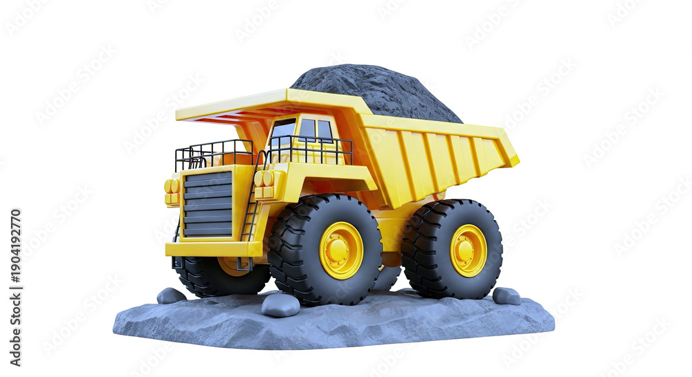 Obraz premium Yellow Mining Dump Truck Loaded with Rocks on Gray Surface