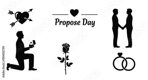 Black silhouettes of romantic couples on propose day with hearts and roses symbolizing love and engagement