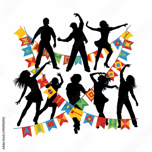 Silhouettes of people dancing at a festive party with colorful banners.