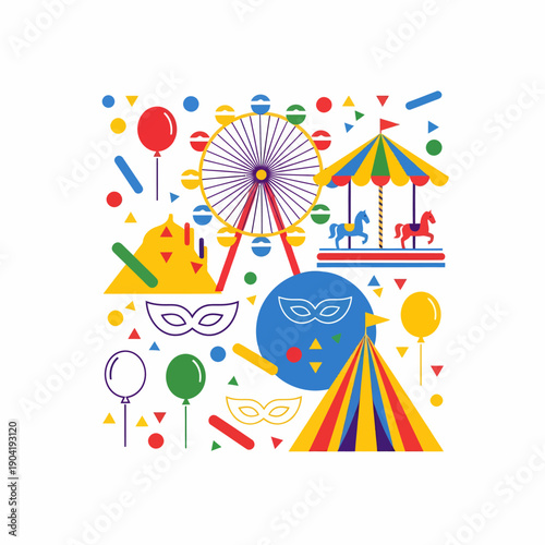 Colorful flat design illustration of a vibrant carnival or festival scene with a Ferris wheel, carousel, circus tent, balloons, and masks.