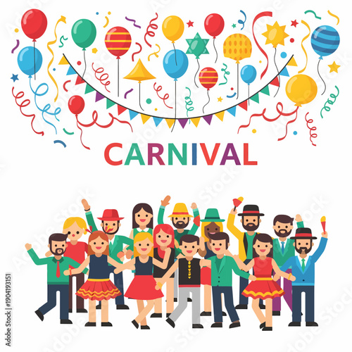 A vibrant illustration of a carnival celebration with a diverse group of happy people dancing and colorful balloons, confetti, and streamers.