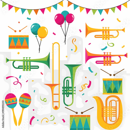 Colorful illustration of festive musical instruments, balloons, confetti, and bunting for a celebration.