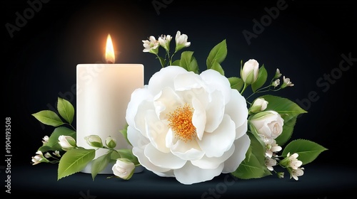 White rose candle ribbon memorial arrangement vector graphic, deep black background with text space, elegant commemoration ceremony decorative element, suitable for funeral home memorial service obitu