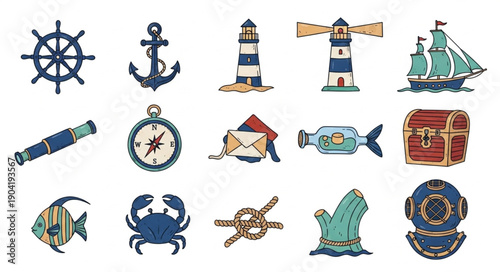 Nautical Themed Icons Collection For Marine Adventure.