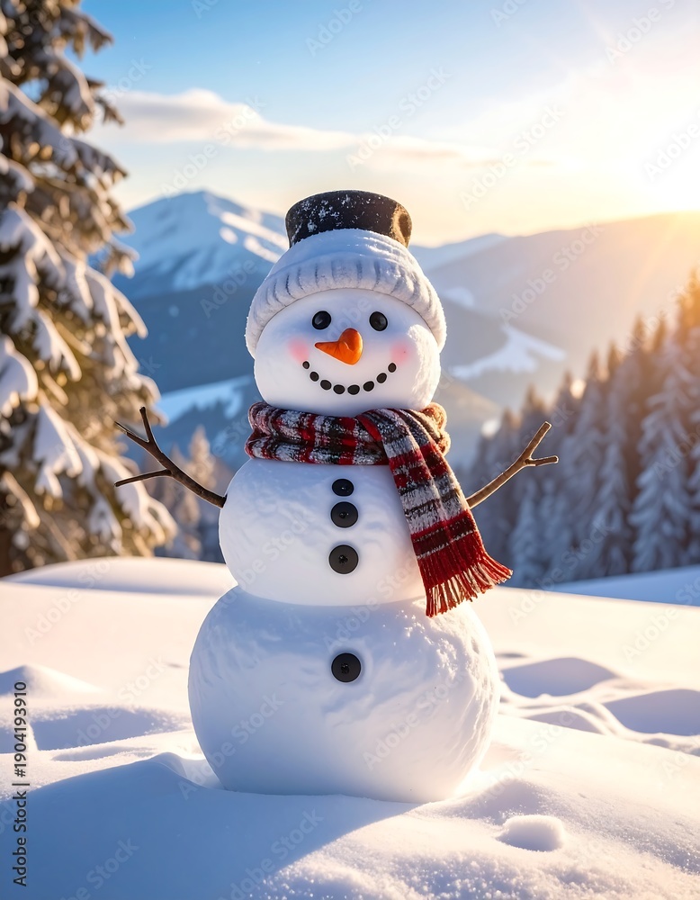 Obraz premium Whimsical snowman smiles amid snowy mountain scenery at sunset