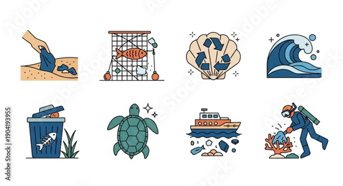Ocean pollution and conservation icons set.
