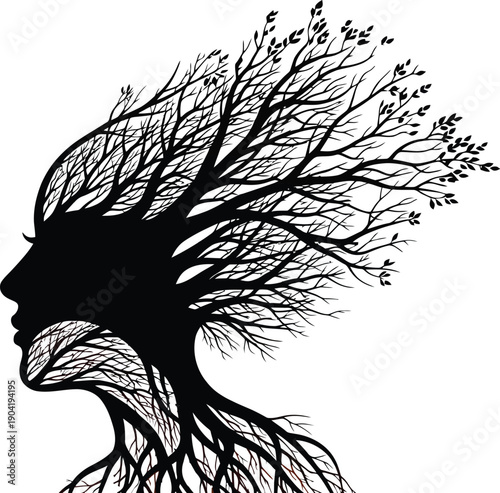 Silhouette of a woman's profile formed by intertwining tree branches and roots symbolizing nature and interconnected thought.