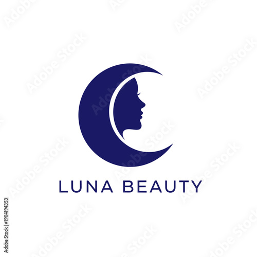 Elegant crescent moon and woman face silhouette for premium spa and cosmetics branding logo featuring Luna Beauty text