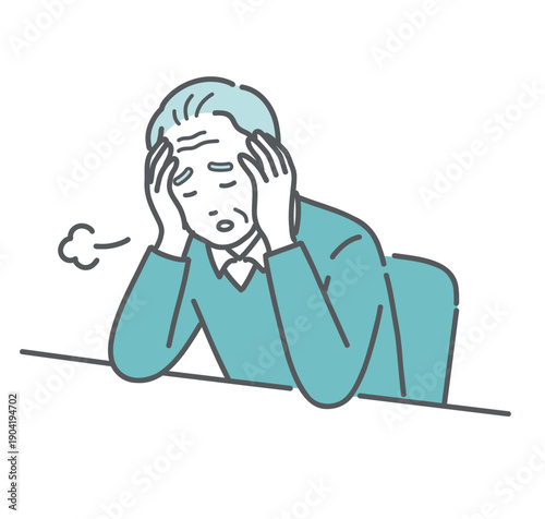 強い倦怠感とストレスに悩む高齢男性のイラスト（認知症・うつ病・男性更年期）