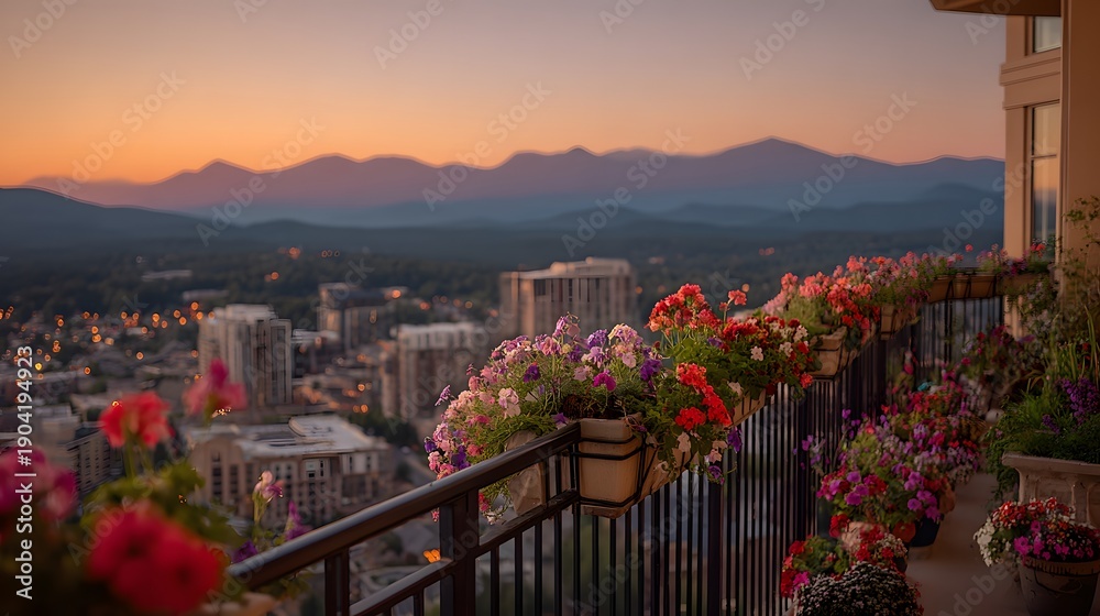 Obraz premium High-rise balcony at sunset features red and pink flowers along the railing as distant city lights twinkle near purple mountain horizons.