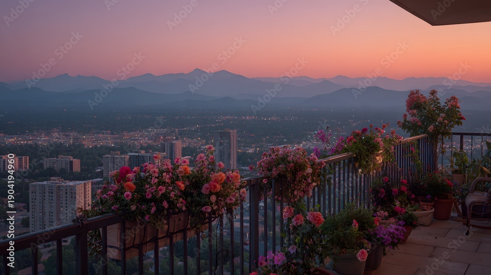 Obraz premium High-rise balcony at sunset features red and pink flowers along the railing as distant city lights twinkle near purple mountain horizons.