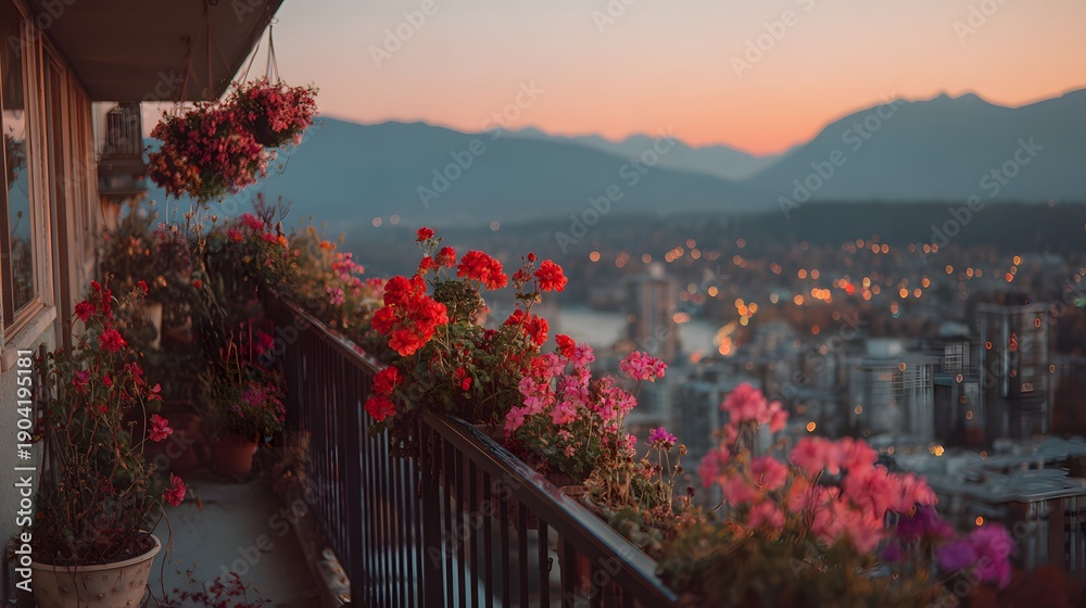 Obraz premium High-rise balcony at sunset features red and pink flowers along the railing as distant city lights twinkle near purple mountain horizons.
