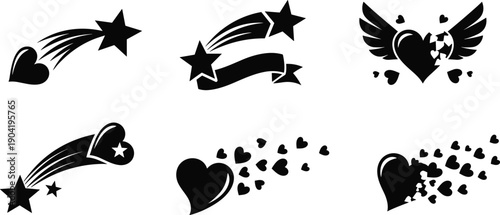 Heart and star icons set, love symbol vector collection, romantic shooting star design, wings heart illustration, black silhouette graphic
