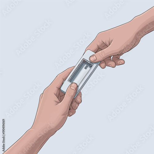 Two hands exchanging a quick test kit, symbolizing rapid medical diagnosis and accessibility