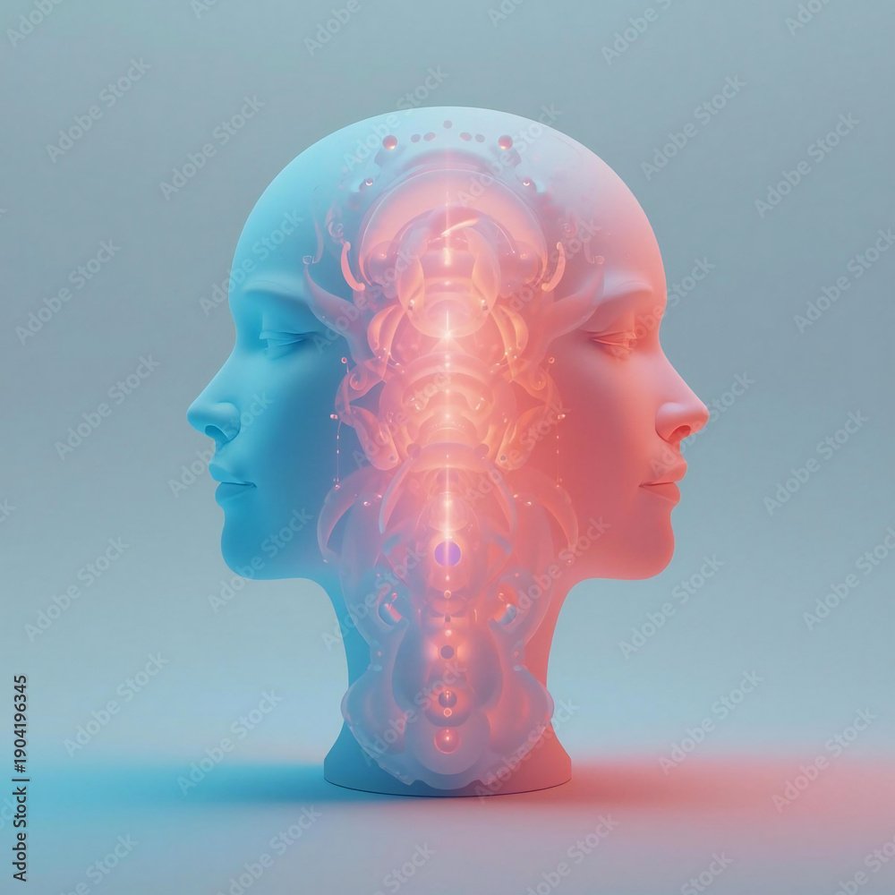 Obraz premium Futuristic Dual Human Head with Glowing Neural Energy Concept