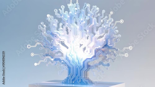 Glowing AI Circuit Coral Tree in Clean Studio Environment