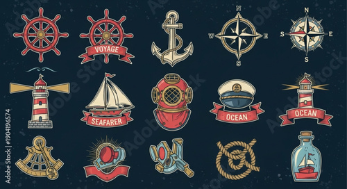 Nautical Symbols Collection Vintage Style Illustration.