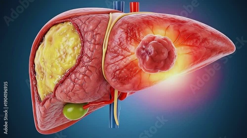 Liver anatomy with abscess and tumor showing internal structure and blood vessels, 3D medical illustration featuring 3D, organ, disease with health and healthcare elements for medicine, pathology