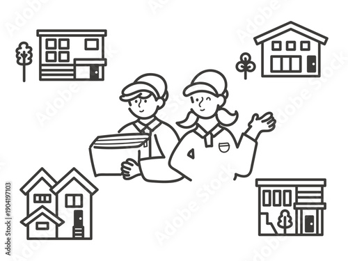 住宅と引越し業者のシンプルなイラスト