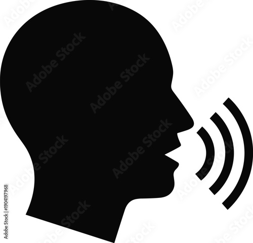Human speaking silhouette icon, voice communication symbol, sound waves illustration, speech profile vector, talking person icon isolated on white background