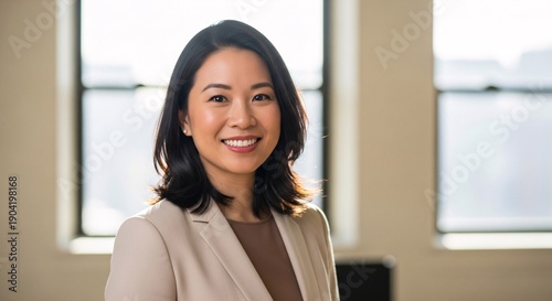 Free Download Professional young woman smiling confidently in modern office environment suitable for corporate business and workplace imagery - GFXLoad