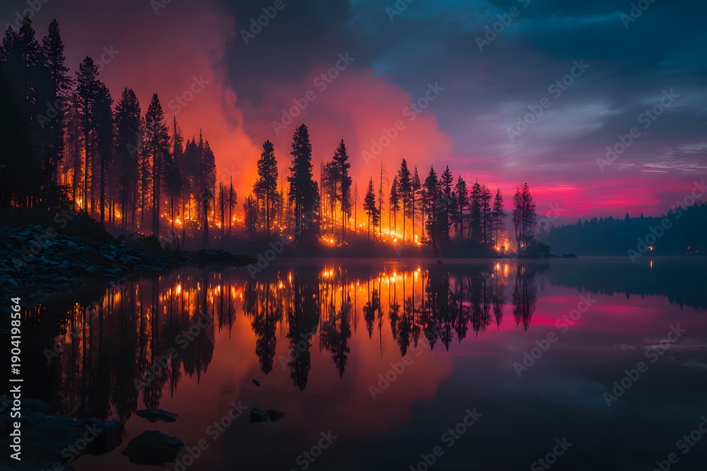 Naklejka premium Forest fire approaches a calm lake as dark smoke fills the sky and the orange glow of flames reflects perfectly on the still water surface.