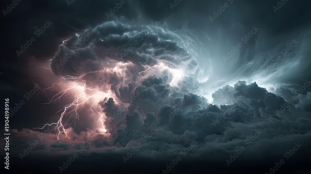 Fototapeta premium Powerful thunderstorm shows multiple bolts of white lightning striking down from heavy swirling dark grey clouds in an electric atmosphere.