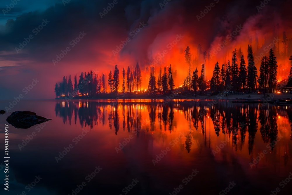Naklejka premium Forest fire approaches a calm lake as dark smoke fills the sky and the orange glow of flames reflects perfectly on the still water surface.