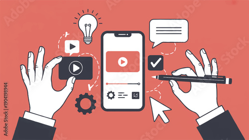 Flat design illustration of a mobile app development process with hands creating a user interface and content