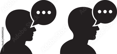 Two Black Silhouettes of Heads with Speech Bubbles, Symbolizing Communication, Ideas, and Dialogue