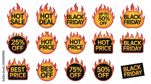 Set of sale icons with flaming borders, featuring text like 'Hot Sale', 'Hot Deal', 'Black Friday', 'Up to 50% Off', 'Hot Price', 'Best Offer', and '75% Off'