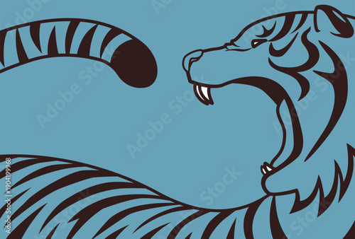 ダイナミックな線で描かれた横向きで吠える虎ベクターイラスト