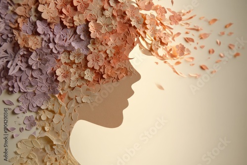 Profile silhouette crafted from layered paper flowers suggests ephemeral beauty and growth