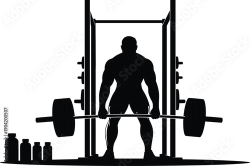 Powerlifting athlete deadlift silhouette in gym, strength training equipment, muscular bodybuilder workout icon isolated on white background illustration