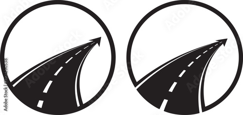 Road curving into the distance within a circle, an arrow pointing forward, representing journey, progress, and future direction.
