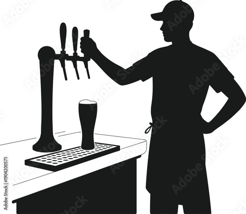 Bartender pouring draft beer silhouette at bar counter, professional service worker, pub beverage tap illustration isolated on white background