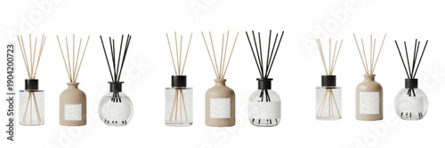 Tablou pe pânză Set of Minimalist Reed Diffusers with Wooden Sticks, Luxury Fragrance Bottles fo