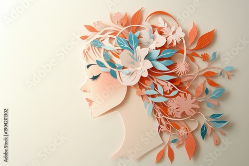 Woman's profile silhouette crafted from layered paper elements adorned with botanical shapes