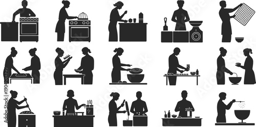 Black cooking silhouettes collection, kitchen activity figures, culinary preparation icons, baking illustration design, food teamwork graphic art element