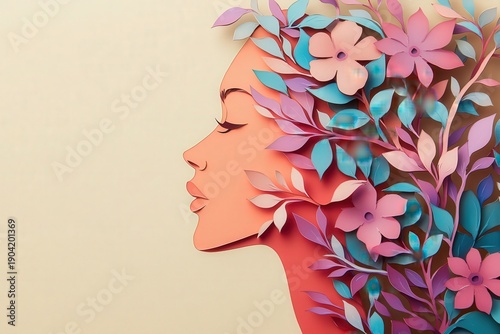 Stylized profile portrait features a woman's silhouette intertwined with colorful paper cut botanical elements