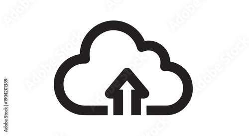 Simple black and white icon representing the essential concept of uploading data securely to a remote cloud storage service