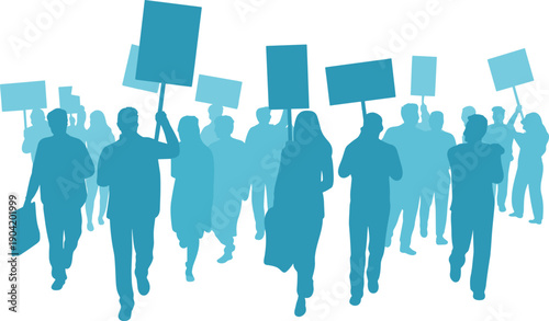 Protest crowd silhouette holding banners vector illustration, people demonstration activism concept, social movement rally march isolated white background design