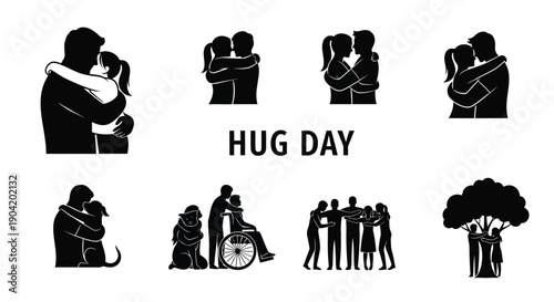 Black silhouette illustrations of people hugging and showing affection on hug day against a white background with simple designs and clean lines