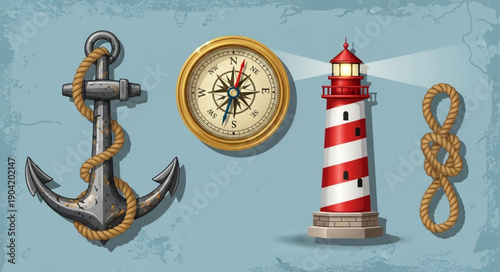 Nautical objects including anchor compass lighthouse and rope.