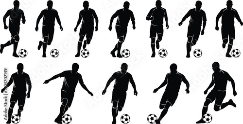 Large collection of soccer player silhouettes featuring male athletes in various action poses like running dribbling and kicking for sports fitness and competition.
