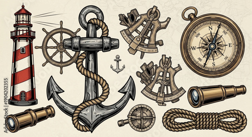 Nautical Objects Collection Vintage Style Illustration.