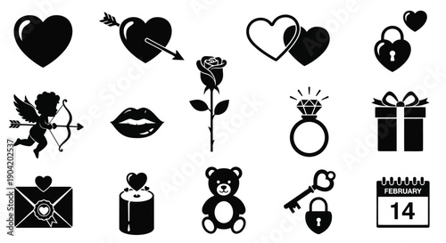 Valentine's day icons set with hearts cupid gifts and love symbols on white background