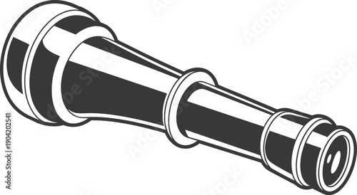Vintage spyglass telescope vector illustration, nautical navigation instrument symbol, antique maritime equipment, black retro exploration graphic design