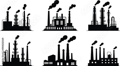 Black industrial factory silhouettes with chimneys, pollution smoke clouds, manufacturing plant icon, environmental impact illustration, industry design graphic