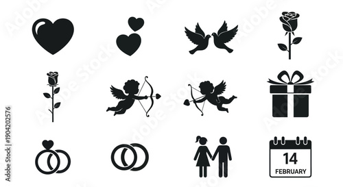 Valentine's day icons hearts roses cupid gift calendar rings love symbols romantic romanticism valentines day february 14 love heart cupid gift date couple marriage wedding symbol icon